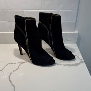 Vince Camuto Black Suede Peep-Toe Ankle Boots with Gold Zipper